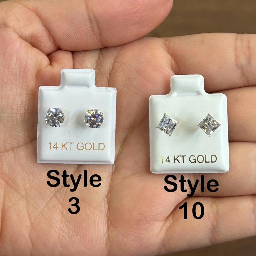 14k Gold Stud Earrings, Gold Stud Earring, Round Stud Earring, Square Stud Earring, CZ Stone, Screw on back, Baby Earrings, Big & Small Stud