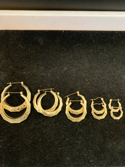 10k Gold Creole Hoops featuring an engraved hexagonal design, Small Hoops for Kids Girls, 10k Creole Medium Hoops for Women featuring an engraved hexagonal design , 10k Gold Creole Hoop Earrings featuring an engraved hexogonal design