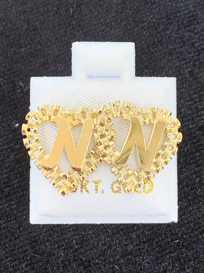10k Yellow Gold Big Presidential link Heart N Initial Earrings,
