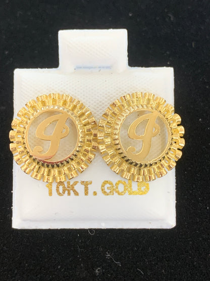 10k Gold I Presidential link Initial Earrings, Medium Letter Earring, Initial Circle Stud Earrings