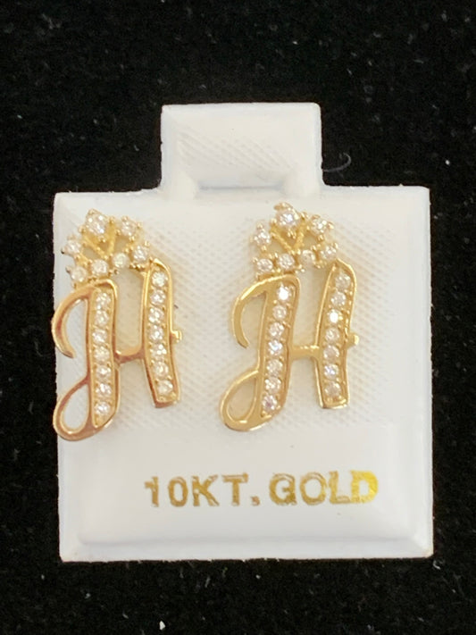 10k H Initial earrings with crown