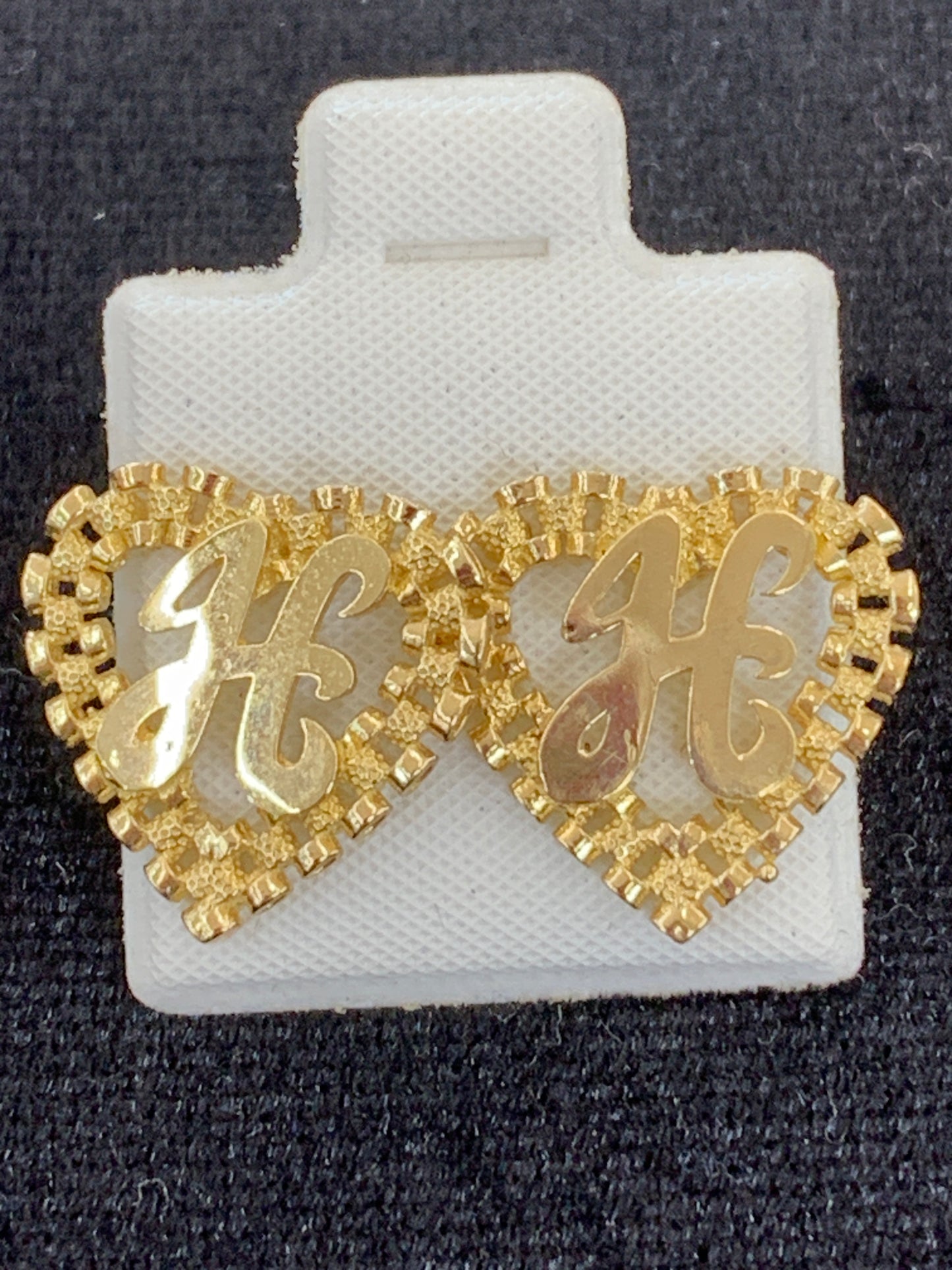 10k Yellow Gold Small Presidential link Heart H Initial Earrings,