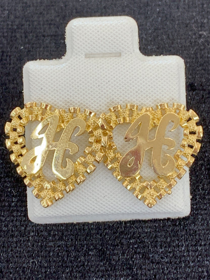 10k Yellow Gold Small Presidential link Heart H Initial Earrings,