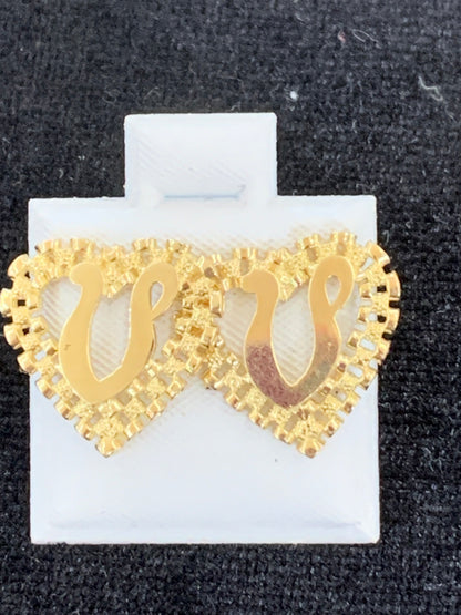 10k Yellow Gold Small Presidential link Heart V Initial Earrings,