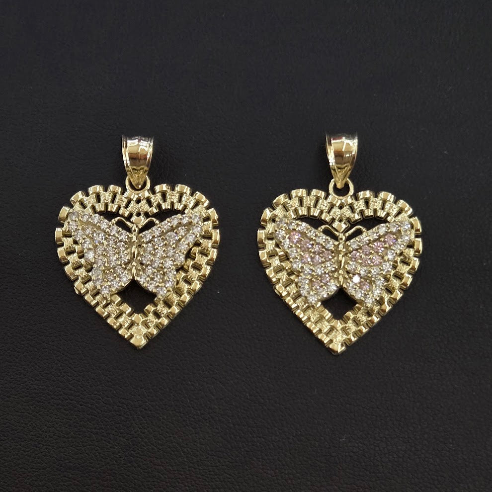 10K Gold Heart Butterfly Pendant, Presidential Link Heart Charm, Small Heart Gold Charm, CZ Stone, Valentine's Gift, Butterfly Pendant