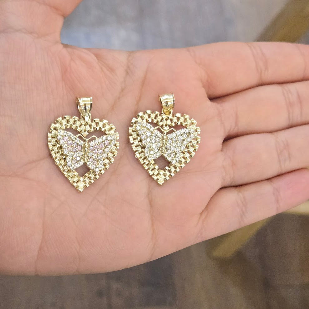 10K Gold Heart Butterfly Pendant, Presidential Link Heart Charm, Small Heart Gold Charm, CZ Stone, Valentine's Gift, Butterfly Pendant