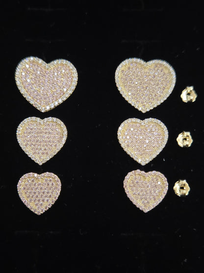 10k Gold Flat Pink Heart Studs, Small Heart Gold Earrings, Big Heart Earrings, Small Heart Earrings, CZ Stone, Valentine's Gift, Pink Stone,