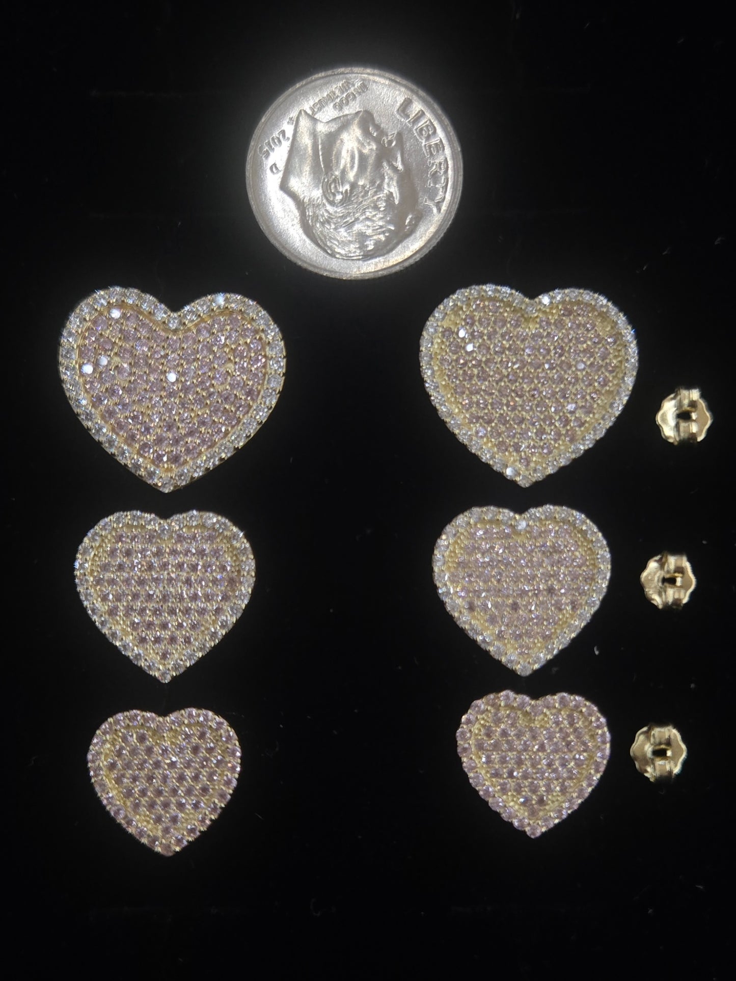 10k Gold Flat Pink Heart Studs, Small Heart Gold Earrings, Big Heart Earrings, Small Heart Earrings, CZ Stone, Valentine's Gift, Pink Stone,