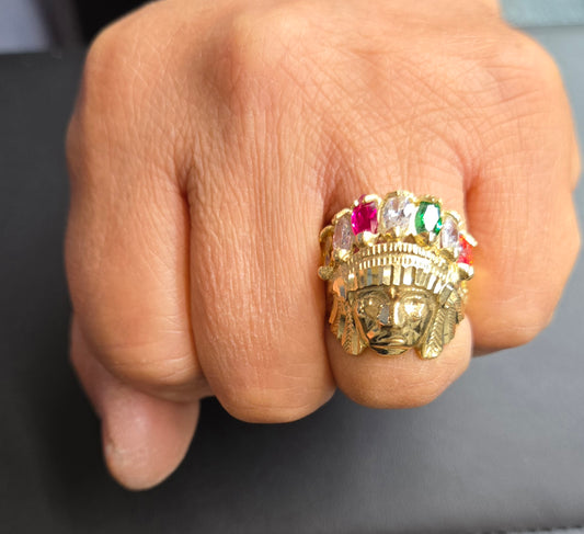 10k Gold Big Colorful Indian Chief Head Ring, Gold Diamond Cut Ring, Native American Indian Chief Head, Indian Face Ring, CZ Multi Color Stone
