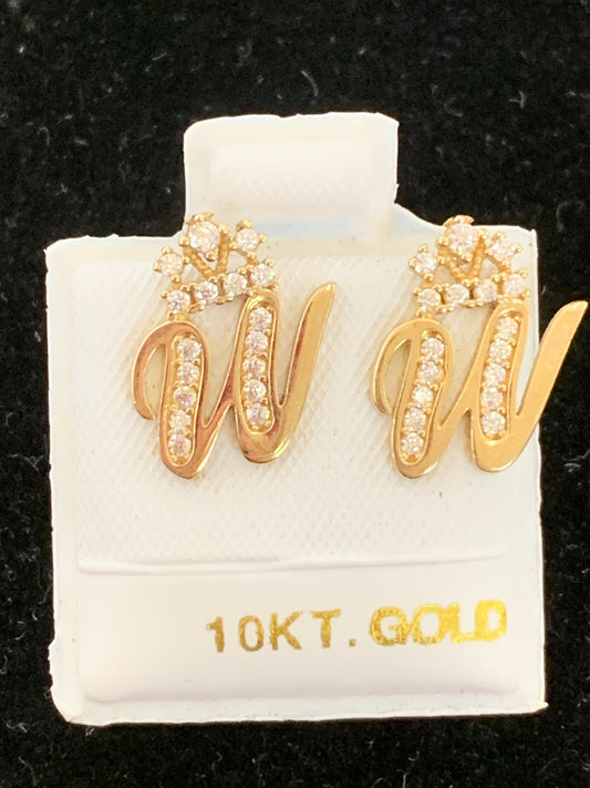 10k W initial earrings with crown