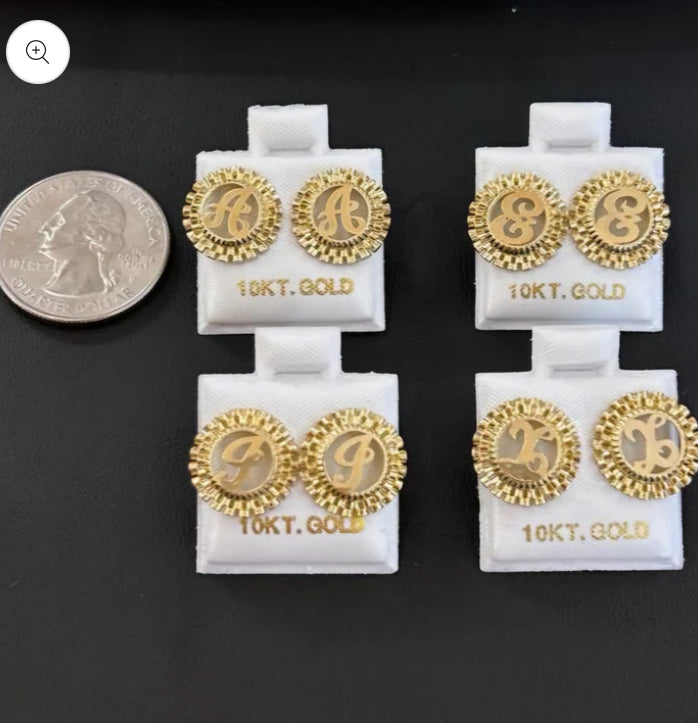 10k Gold F Presidential link Initial Earrings, Medium Letter Earring, Initial Circle Stud Earrings