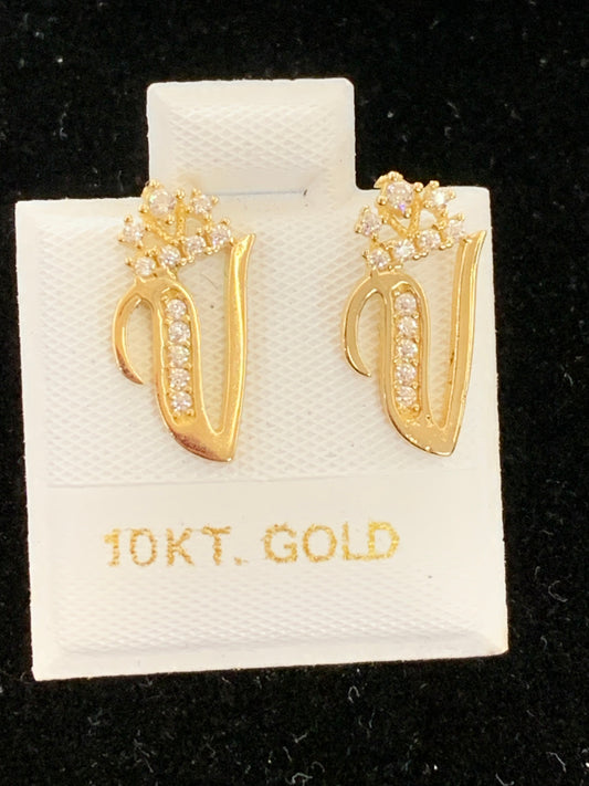 10k V initial earrings with crown