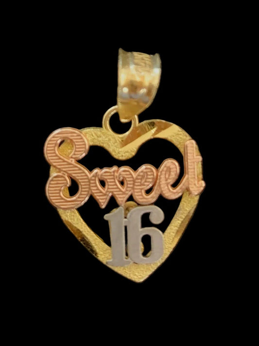 14k Yellow Gold Heart Sweet 16 pendant, sweet 16 gold charm, gold heart 16 pendant