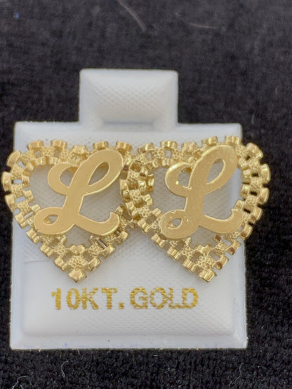10k Yellow Gold Small Presidential link Heart L Initial Earrings,