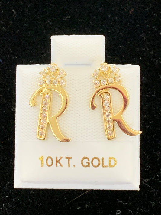 10k R initial earrings with crown
