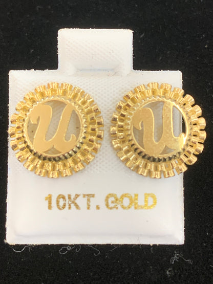 10k Gold U Presidential link Initial Earrings, Medium Letter Earring, Initial Circle Stud Earrings