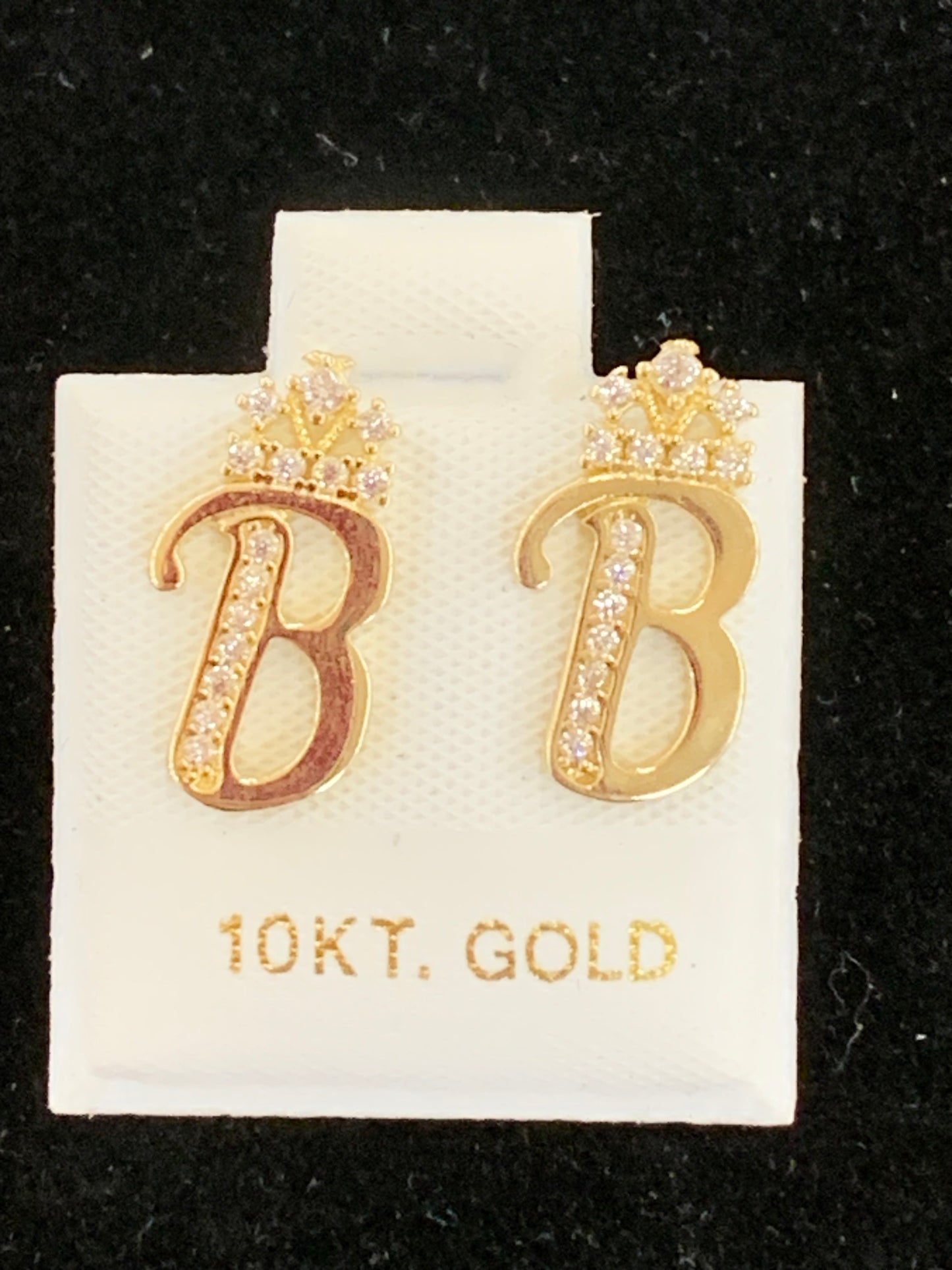 10k B initial earrings with crown