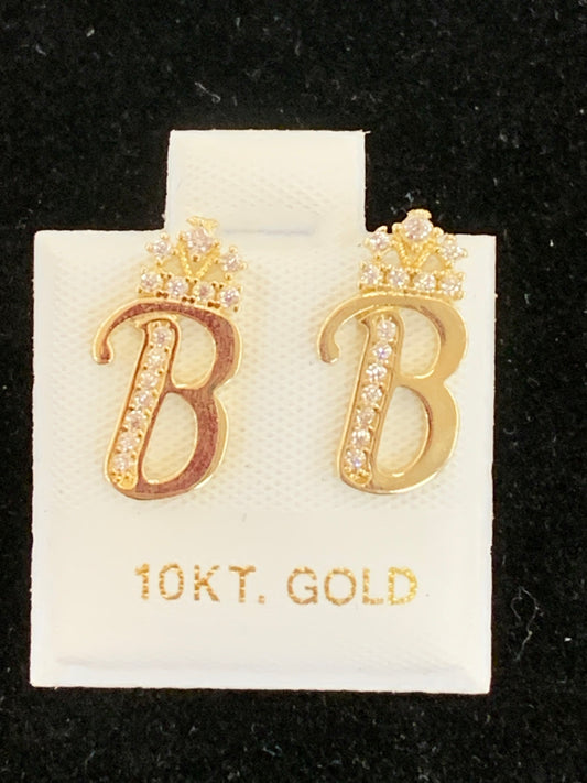 10k B initial earrings with crown