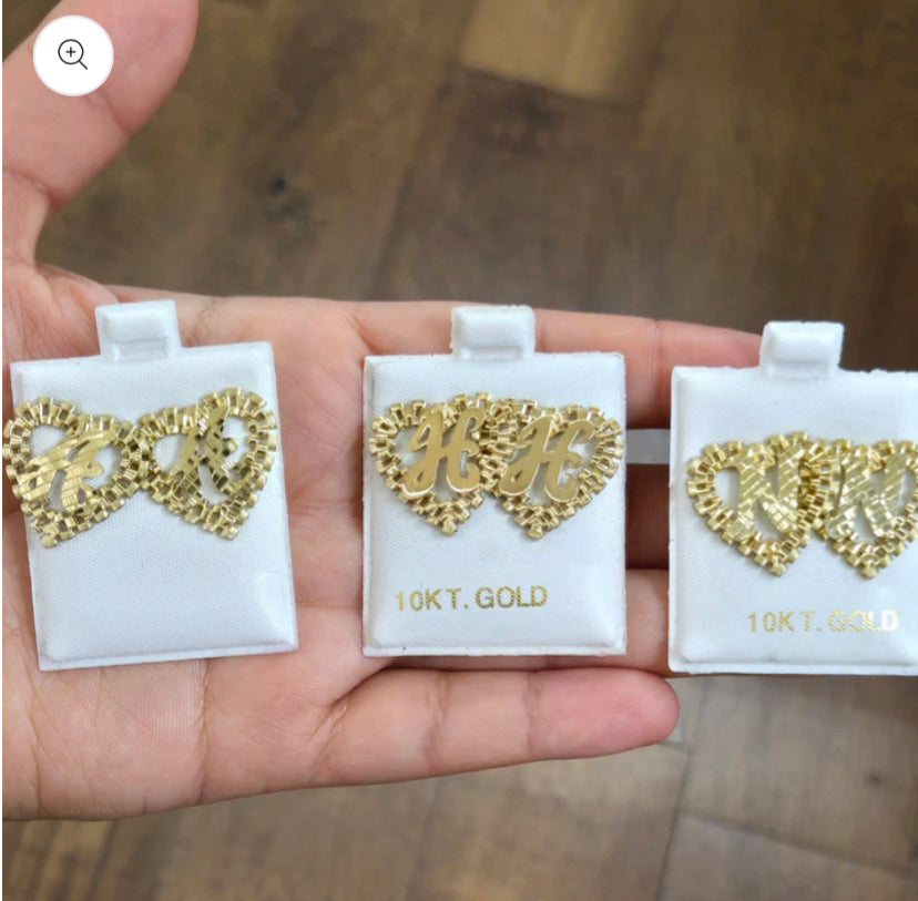 10k Yellow Gold Big Presidential link Heart D Initial Earrings,