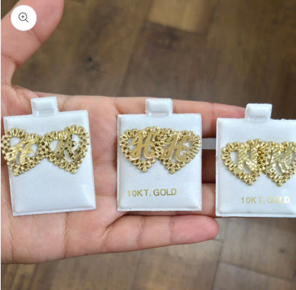 10k Yellow Gold Big Presidential link Heart D Initial Earrings,