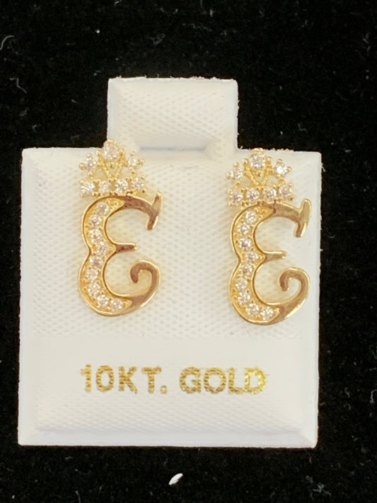 10k E initial earrings with crown