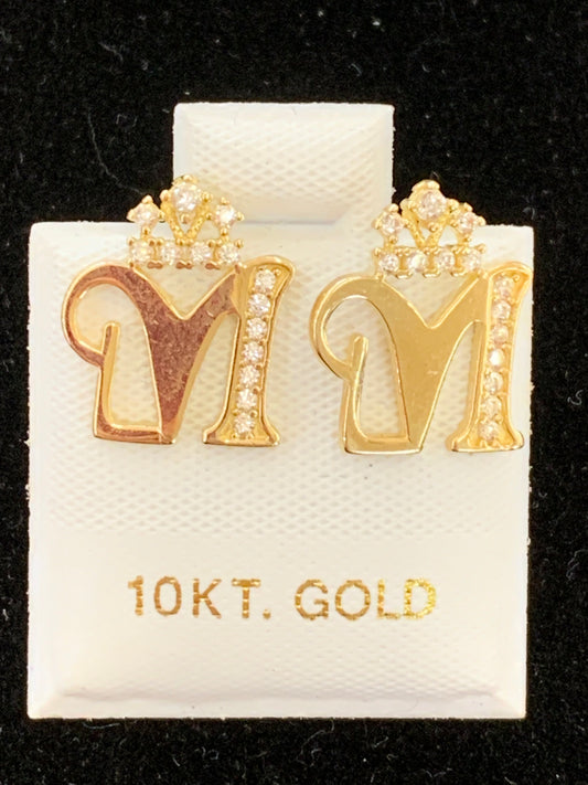10k M initial earrings with crown
