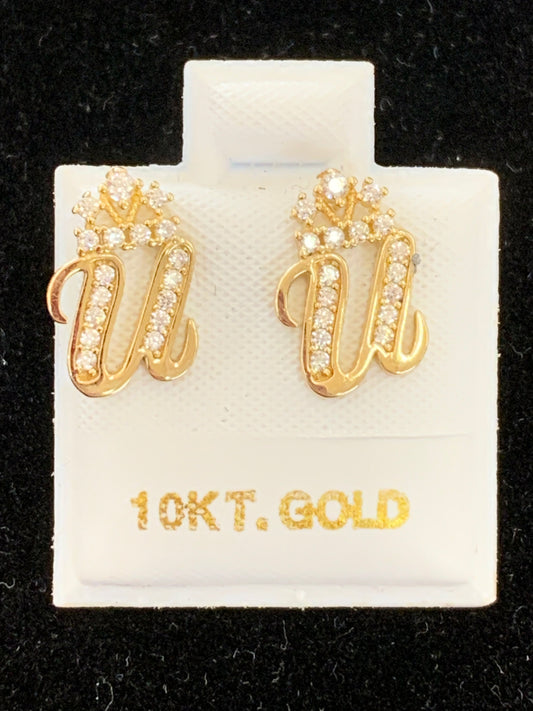 10k U initial earrings with crown