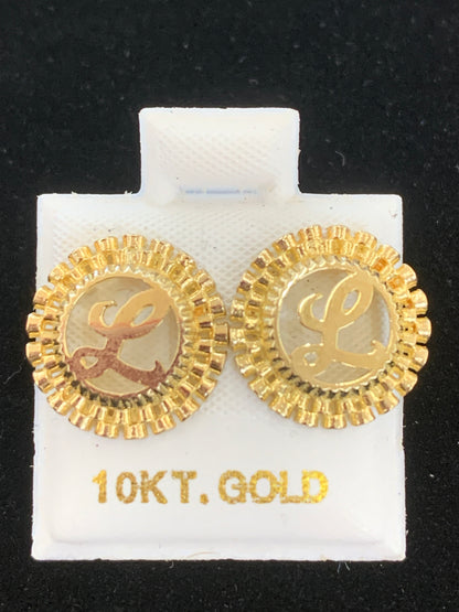 10k Gold L Presidential link Initial Earrings, Medium Letter Earring, Initial Circle Stud Earrings