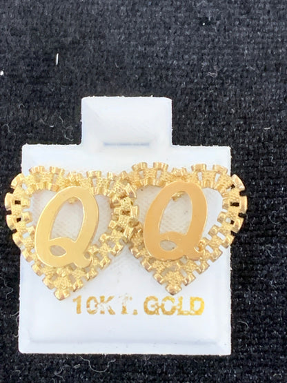10k Yellow Gold Big Presidential link Heart Q Initial Earrings,