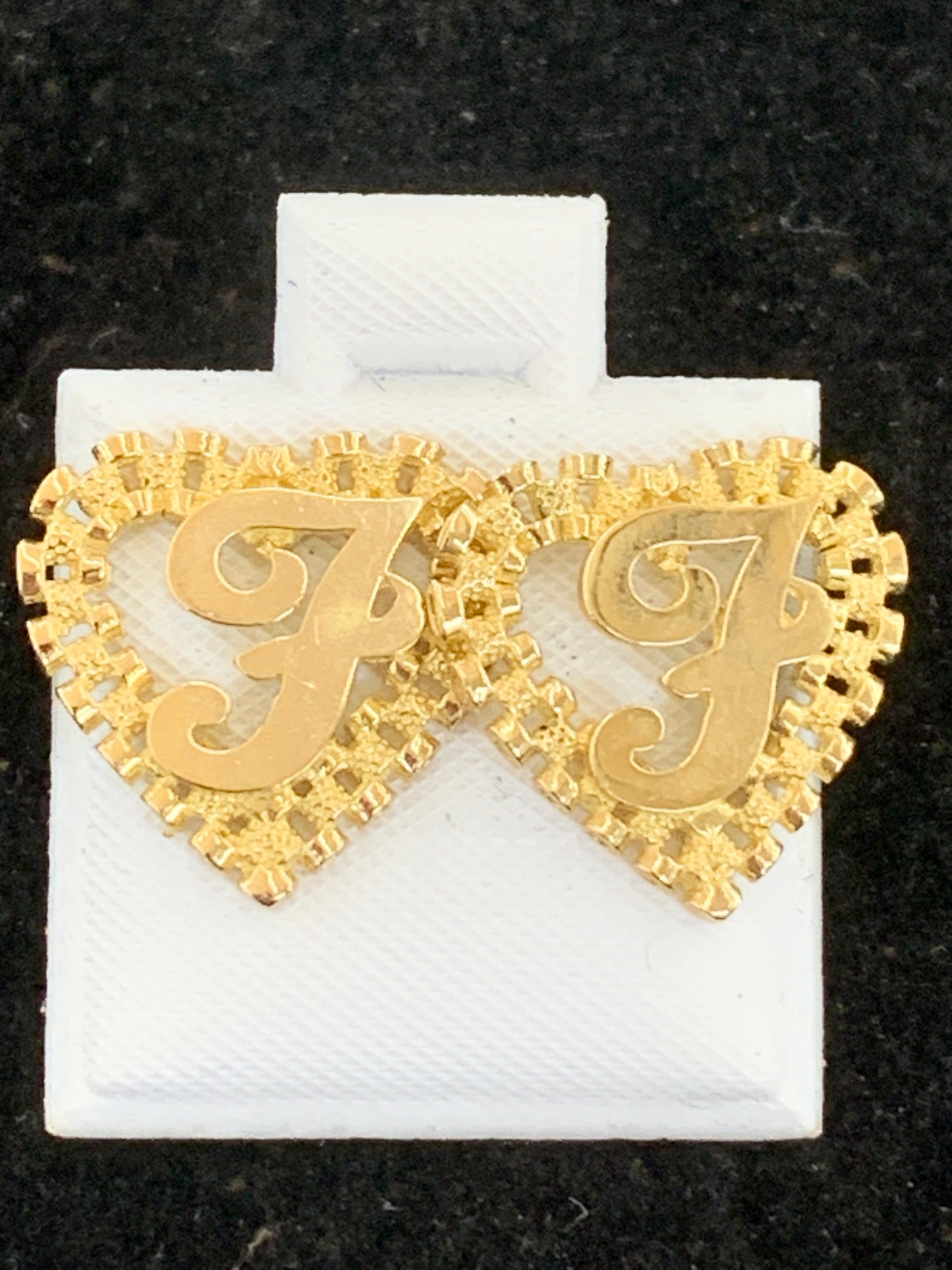 10k Yellow Gold Small Presidential link Heart F Initial Earrings,