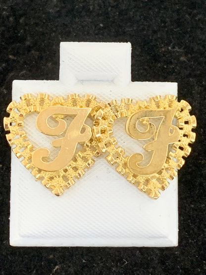 10k Yellow Gold Small Presidential link Heart F Initial Earrings,