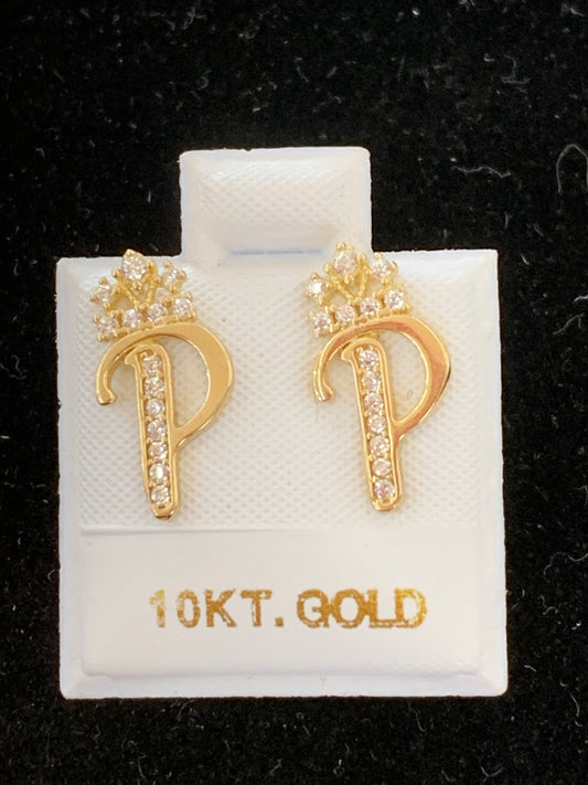 10k P initial earrings with crown