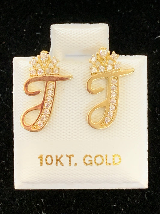 10k T initial earrings with crown