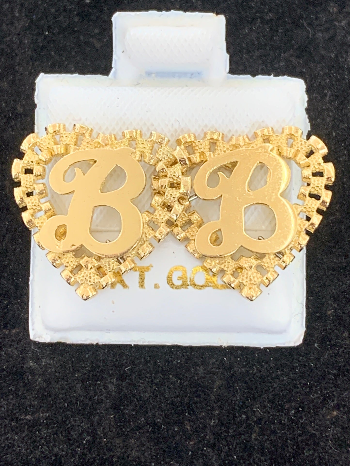 10k Yellow Gold Small Presidential link Heart B Initial Earrings,