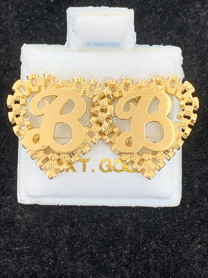 10k Yellow Gold Small Presidential link Heart B Initial Earrings,