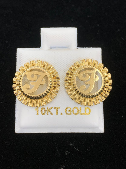 10k Gold F Presidential link Initial Earrings, Medium Letter Earring, Initial Circle Stud Earrings