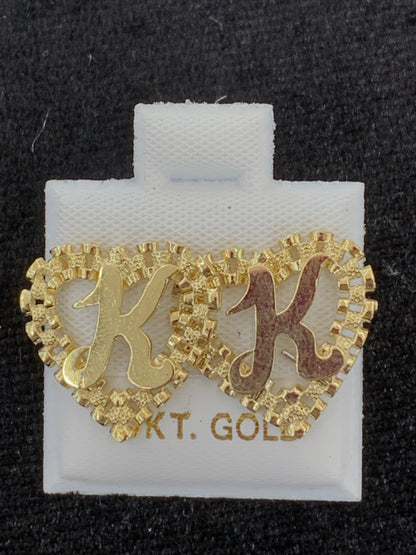 10k Yellow Gold Big Presidential link Heart K Initial Earrings,