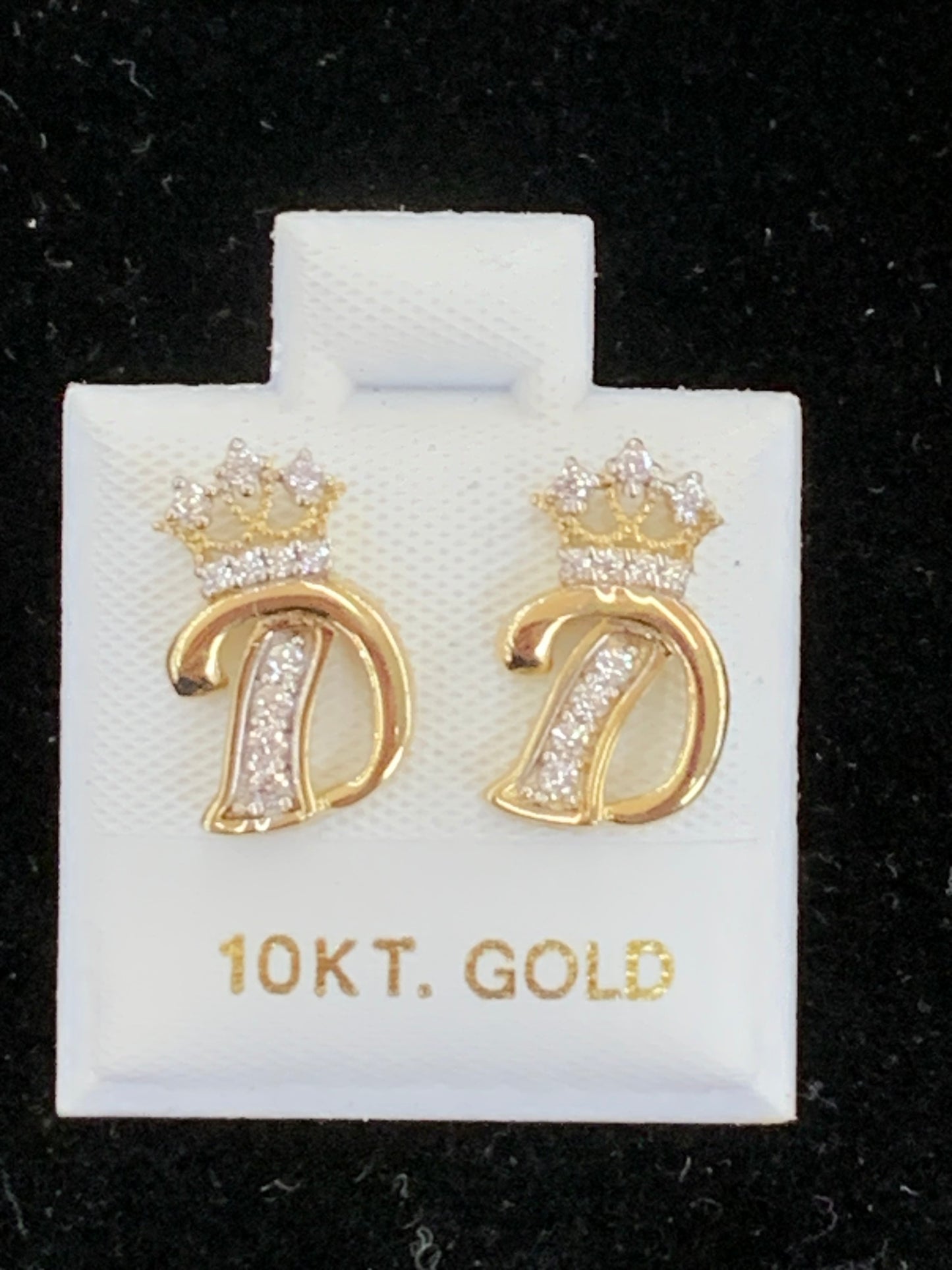 10k D initial earrings with crown