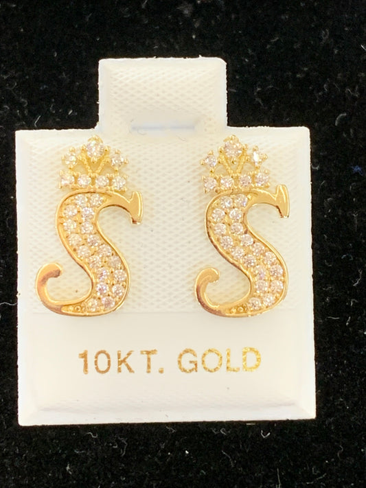 10k S initial earrings with crown