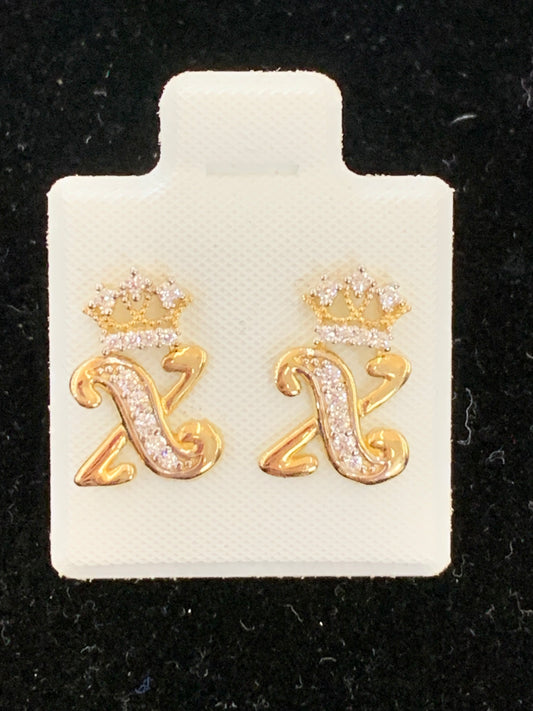 10k X initial earrings with crown