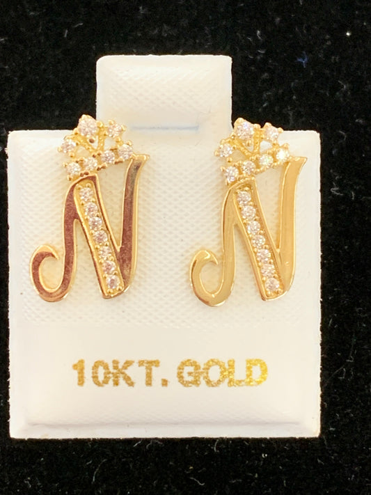 10k N initial earrings with crown