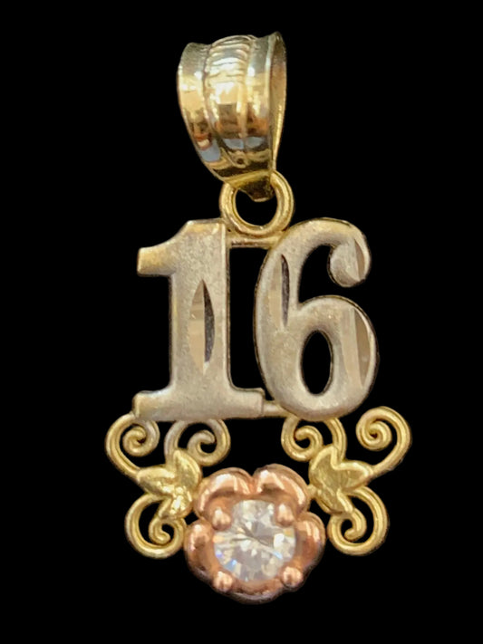 10k Yellow Gold 16 Pendant, 16 Gold Charm, Sweet 16 Birthday Charm, Flower with Stone 16 Pendant