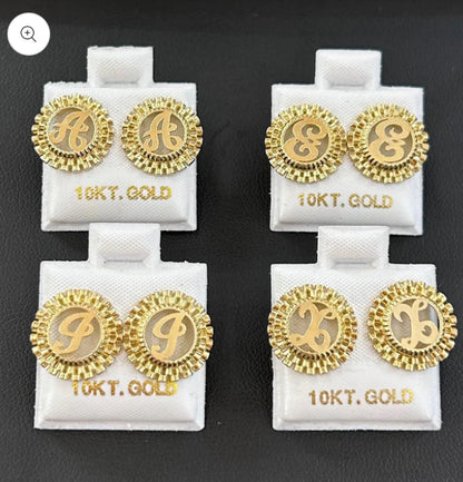 10k Gold F Presidential link Initial Earrings, Medium Letter Earring, Initial Circle Stud Earrings