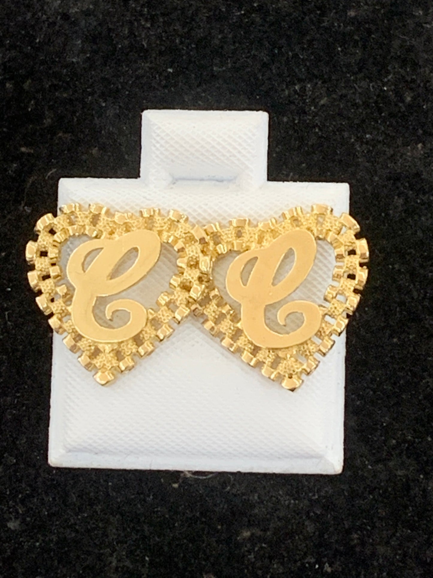 10k Yellow Gold Small Presidential link Heart C Initial Earrings,