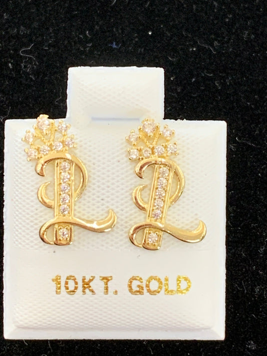 10k L initial earrings with crown