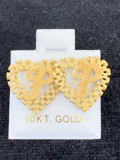 10k Yellow Gold Small Presidential link Heart P Initial Earrings,