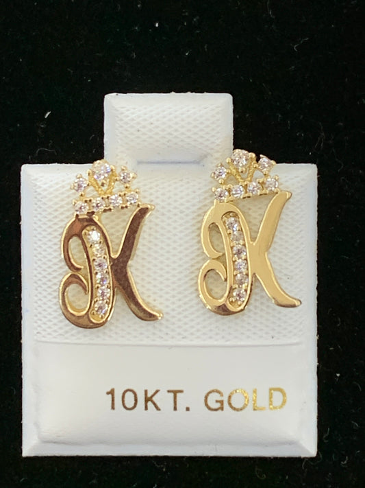 10k K initial earrings with crown