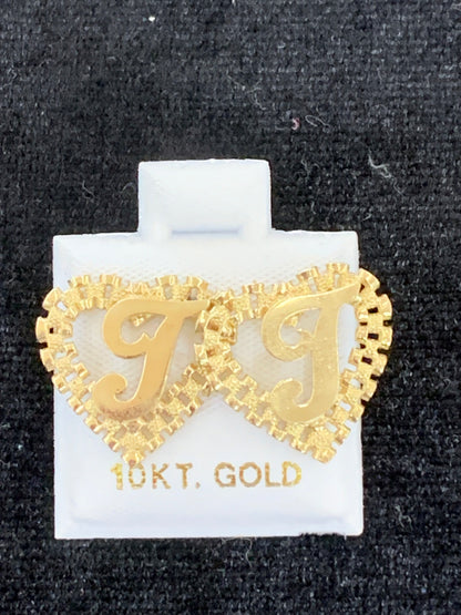 10k Yellow Gold Small Presidential link Heart T Initial Earrings,