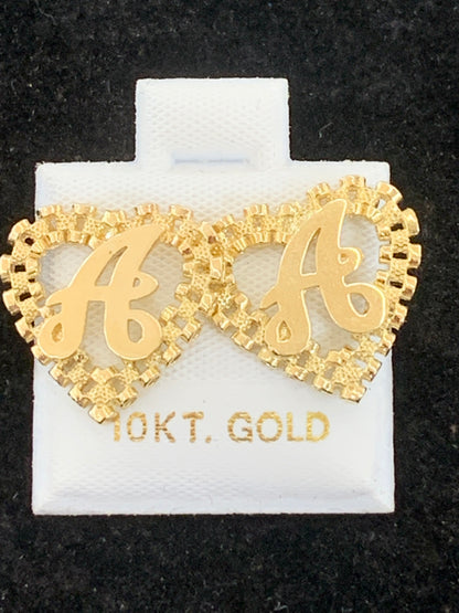 10k Yellow Gold Small Presidential link Heart A Initial Earrings,