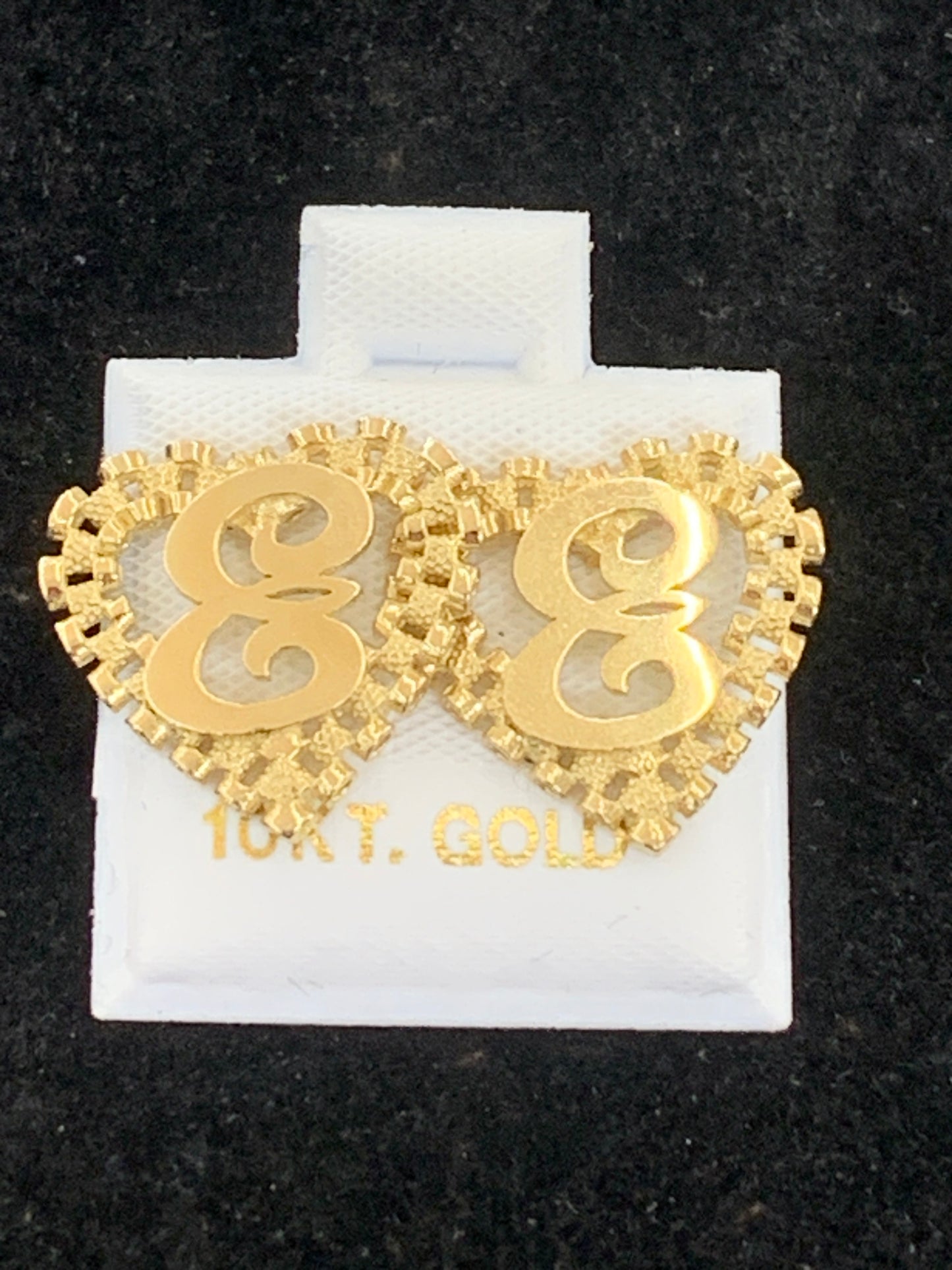 10k Yellow Gold Small Presidential link Heart E Initial Earrings,